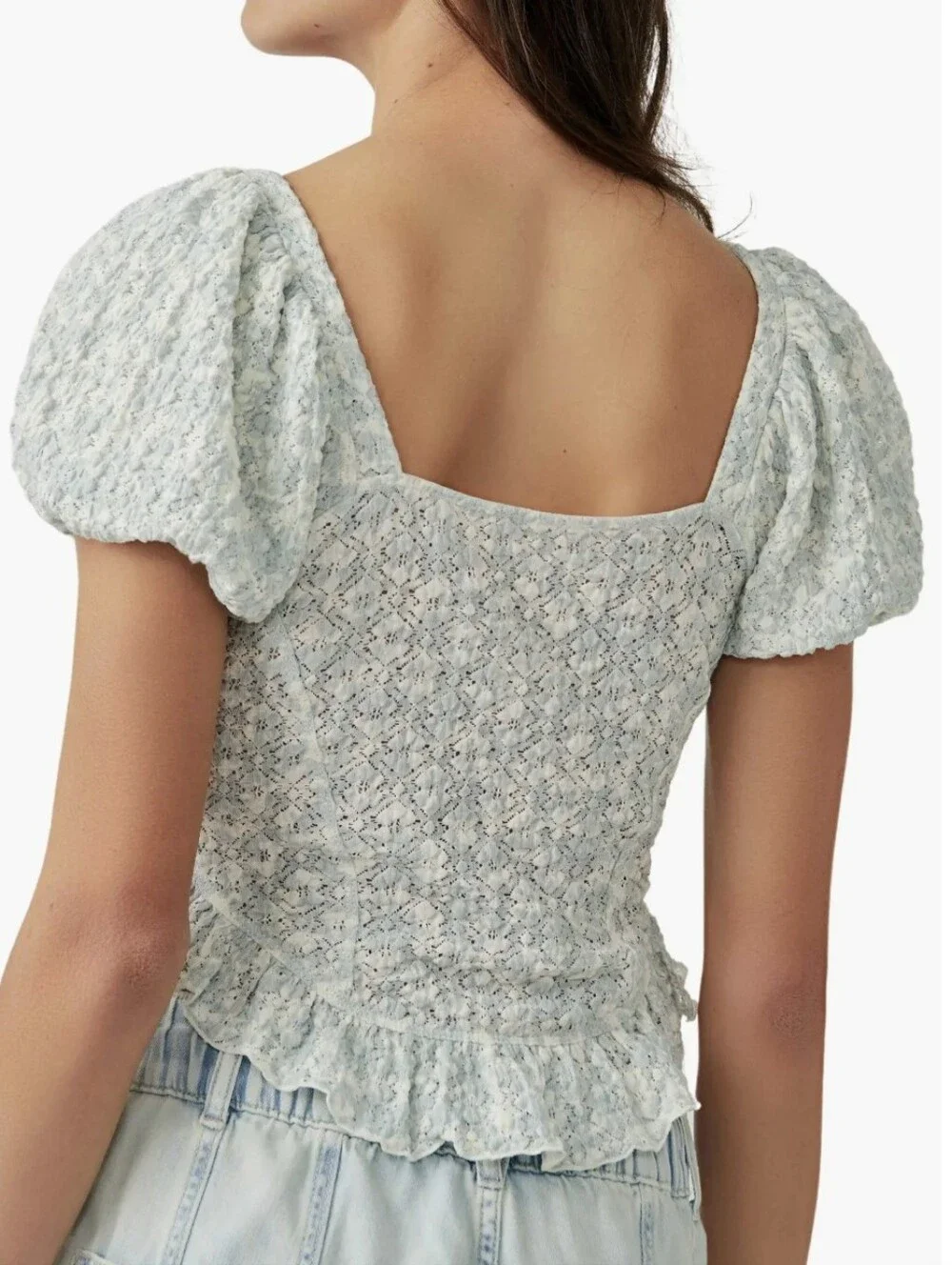 Free People Oh Baby Lace Top Light Blue Floral Puff Sleeve Peasant